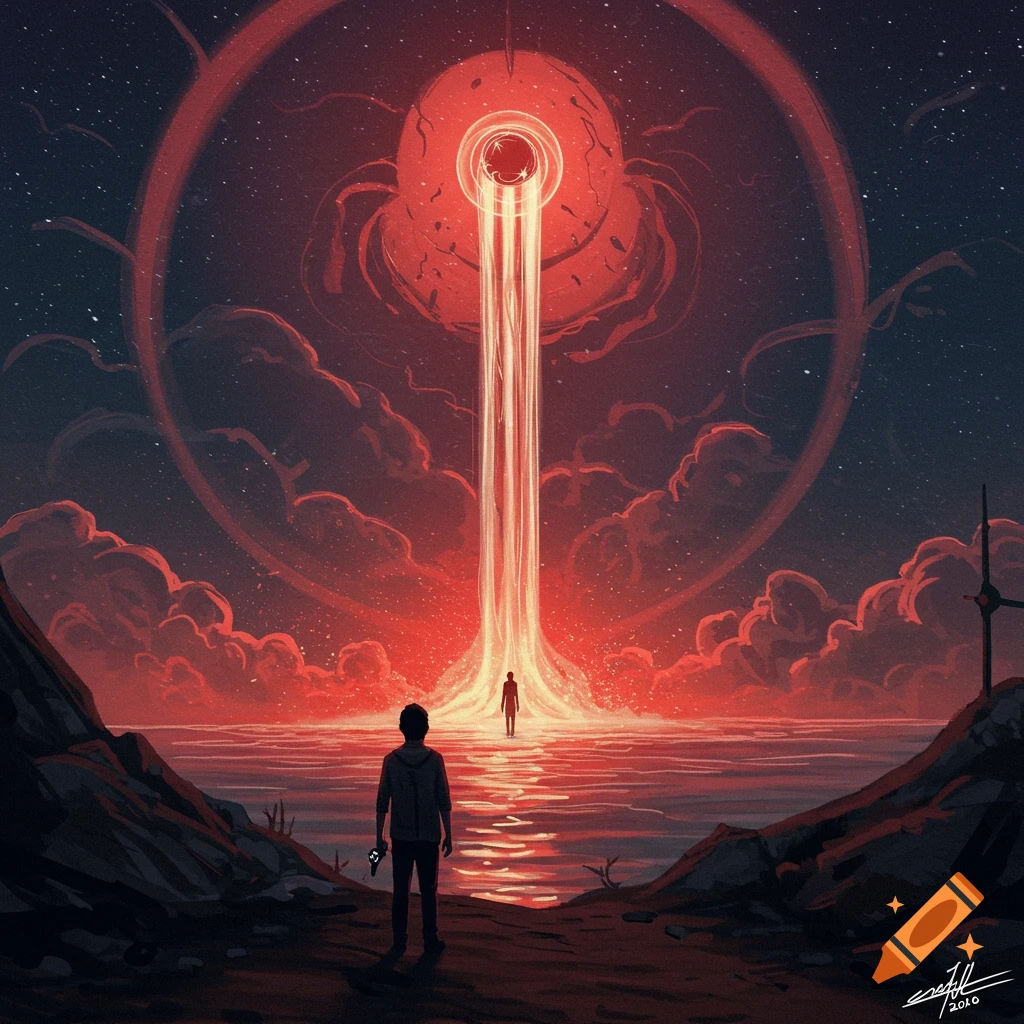 A figure stands on a shore, gazing across the water at another figure and a large, glowing red structure in the sky that emits a beam of light downwards.