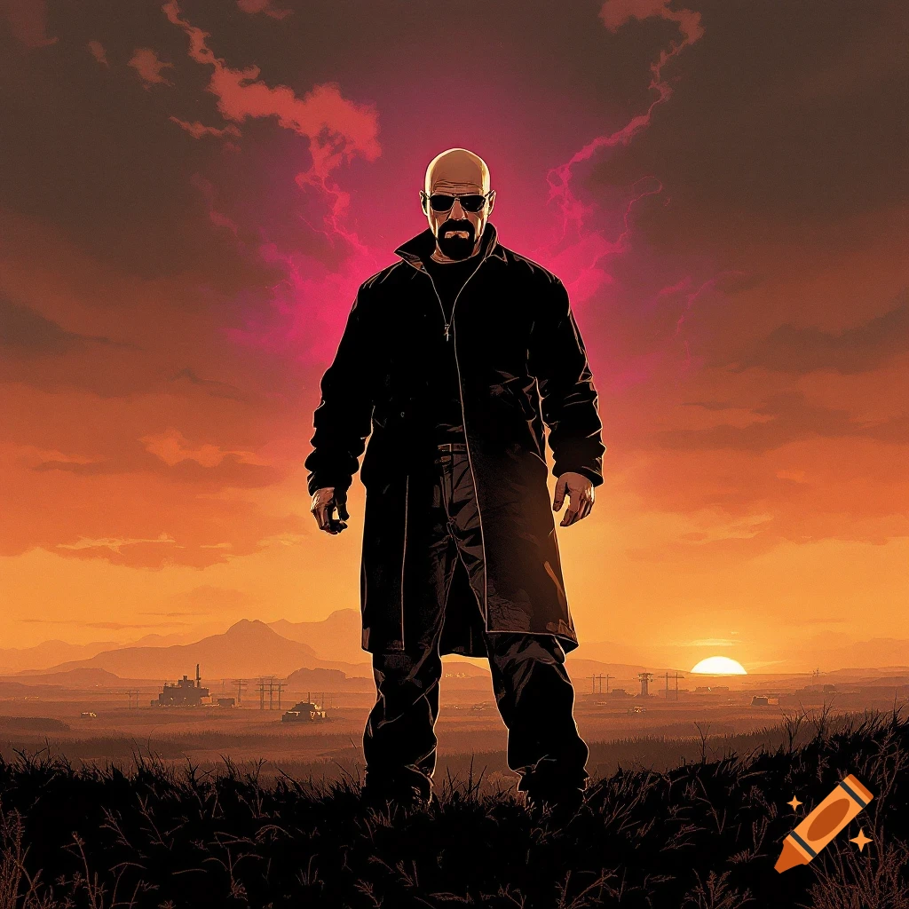 A bald man in a black coat stands in a landscape at sunset, styled like an album cover.
