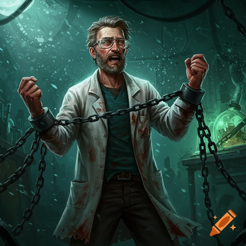 A distressed scientist is in chains in a dark lab