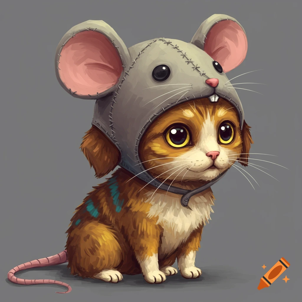 A cute cat wearing a gray mouse costume.