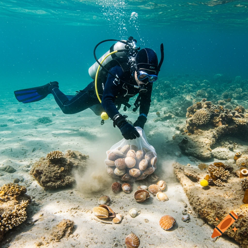 A scuba diver collects shells from the sandy seabed underwater.