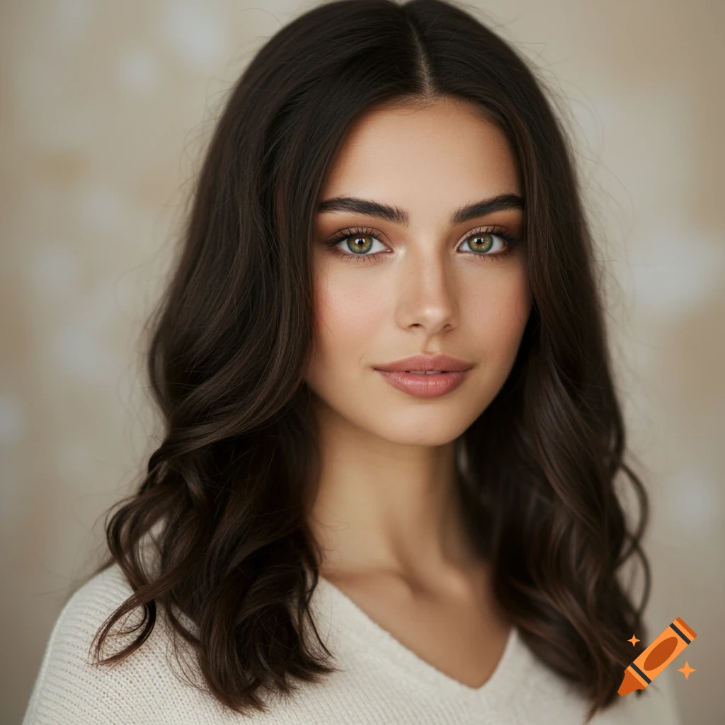 Photorealistic portrait of a young woman with dark hair and hazel eyes.
