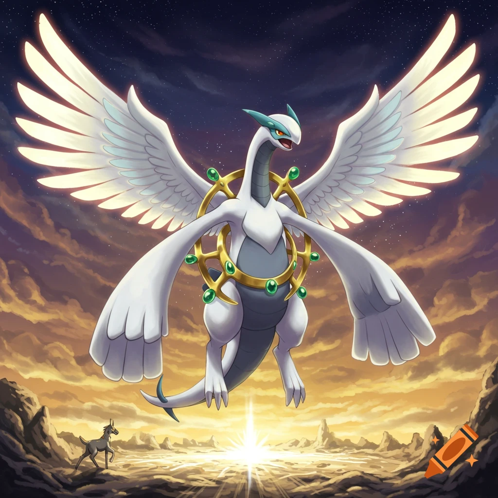 A white, dragon-like creature with large wings and a golden ring flies over a rocky landscape with a sunrise. A small quadruped stands below.