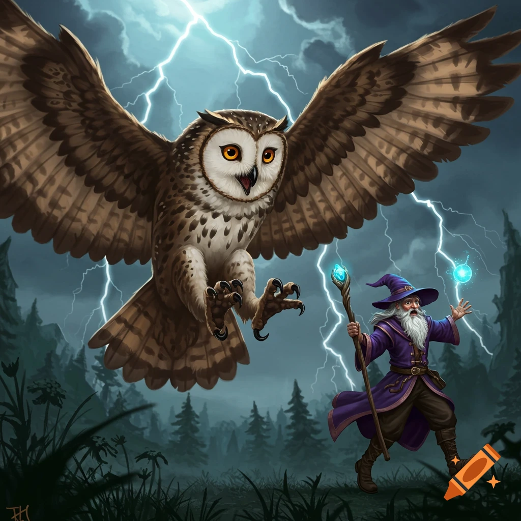 A large owl flies toward a wizard running through a forest under a lightning storm.