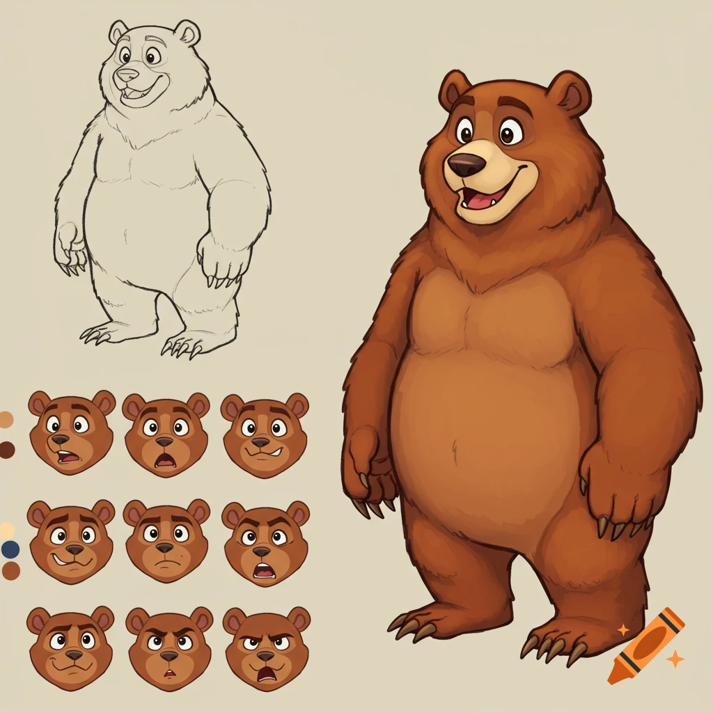 Cartoon bear character model sheet showing full body color and sketch, plus expression studies.