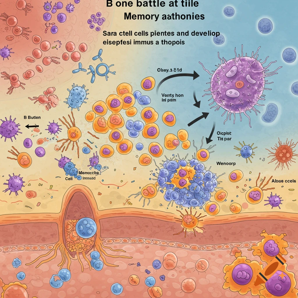 B cells and t cells fighting pathogens on craiyon