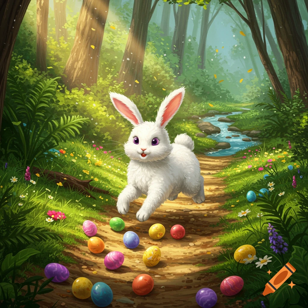 White Easter bunny hopping on a forest path with colorful eggs.