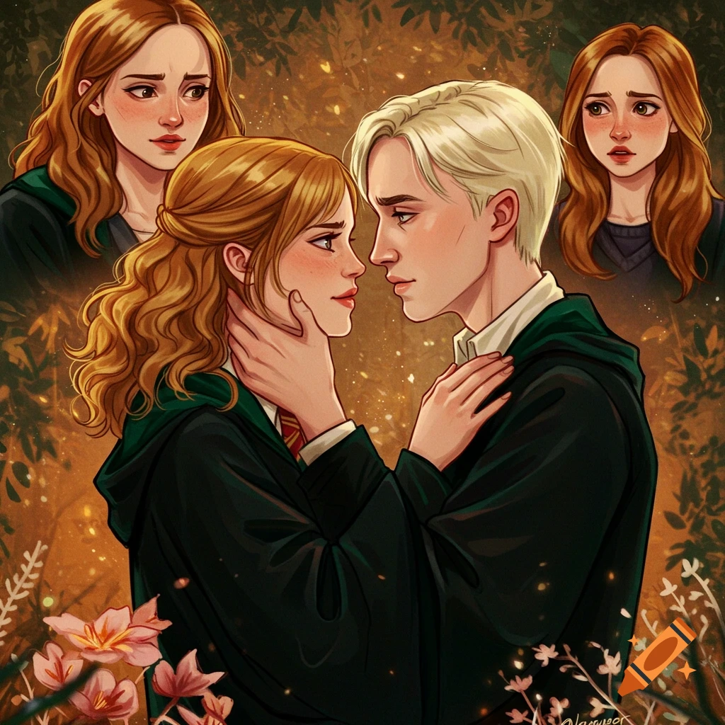 Digital illustration of a young man and woman in robes looking intensely at each other in a forest, with two other figures faded in the background.