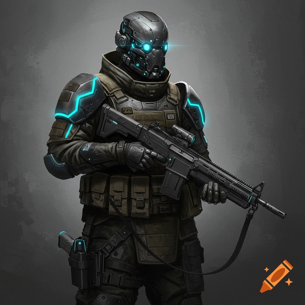 A futuristic cybernetic soldier in tactical armor with glowing blue accents holds a rifle.