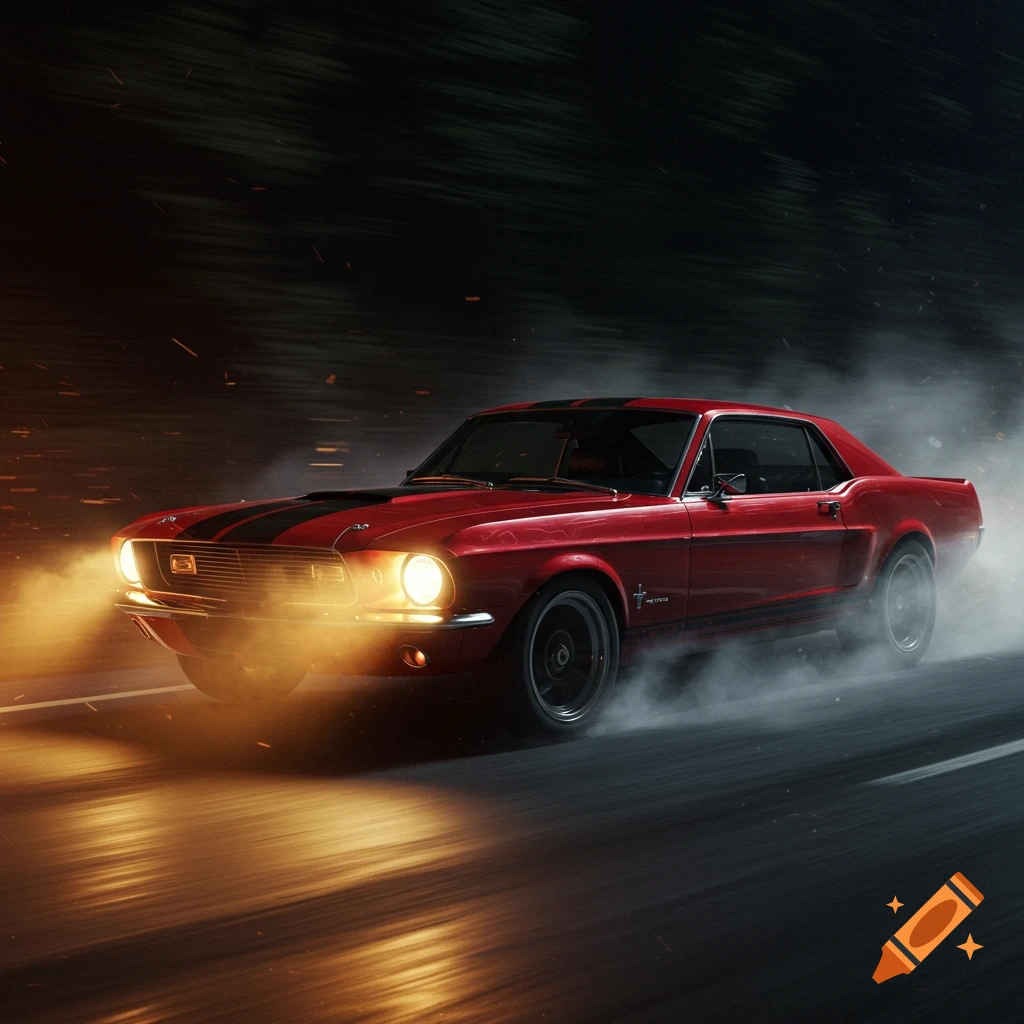 Red Mustang GT driving fast on a dark road at night