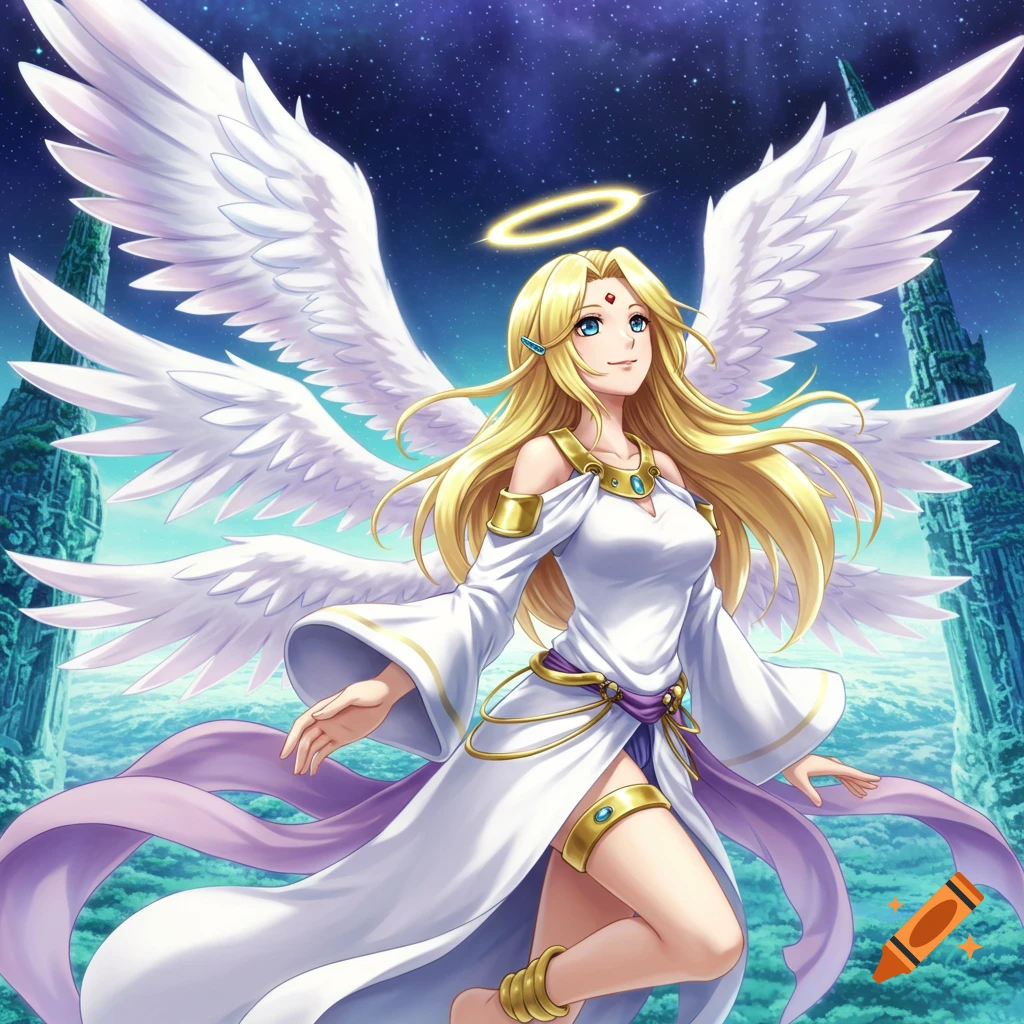 Anime-style angel with large white wings and halo in a fantasy landscape
