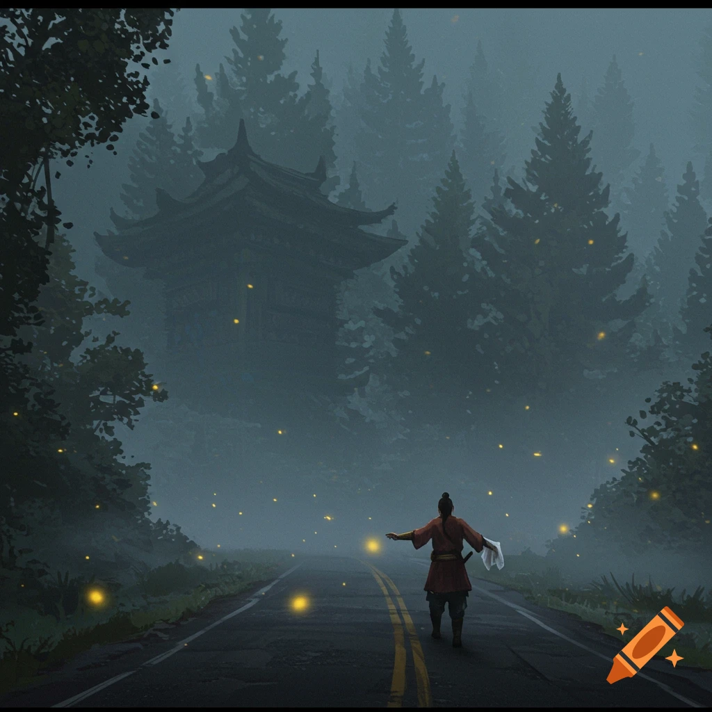 A person walking on a foggy road towards a temple in a forest with fireflies.