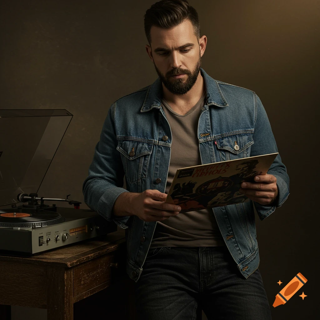 Man holding a vinyl record and standing next to a turntable