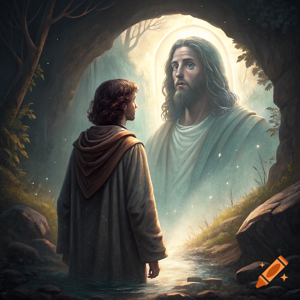 A figure stands in a stream, looking towards a large, glowing spiritual figure in a cave entrance. Spiritual fantasy illustration.