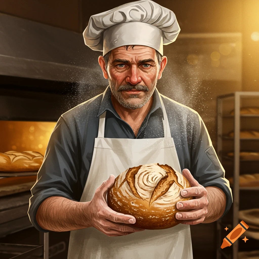A rugged baker holds a loaf of bread in front of an oven.