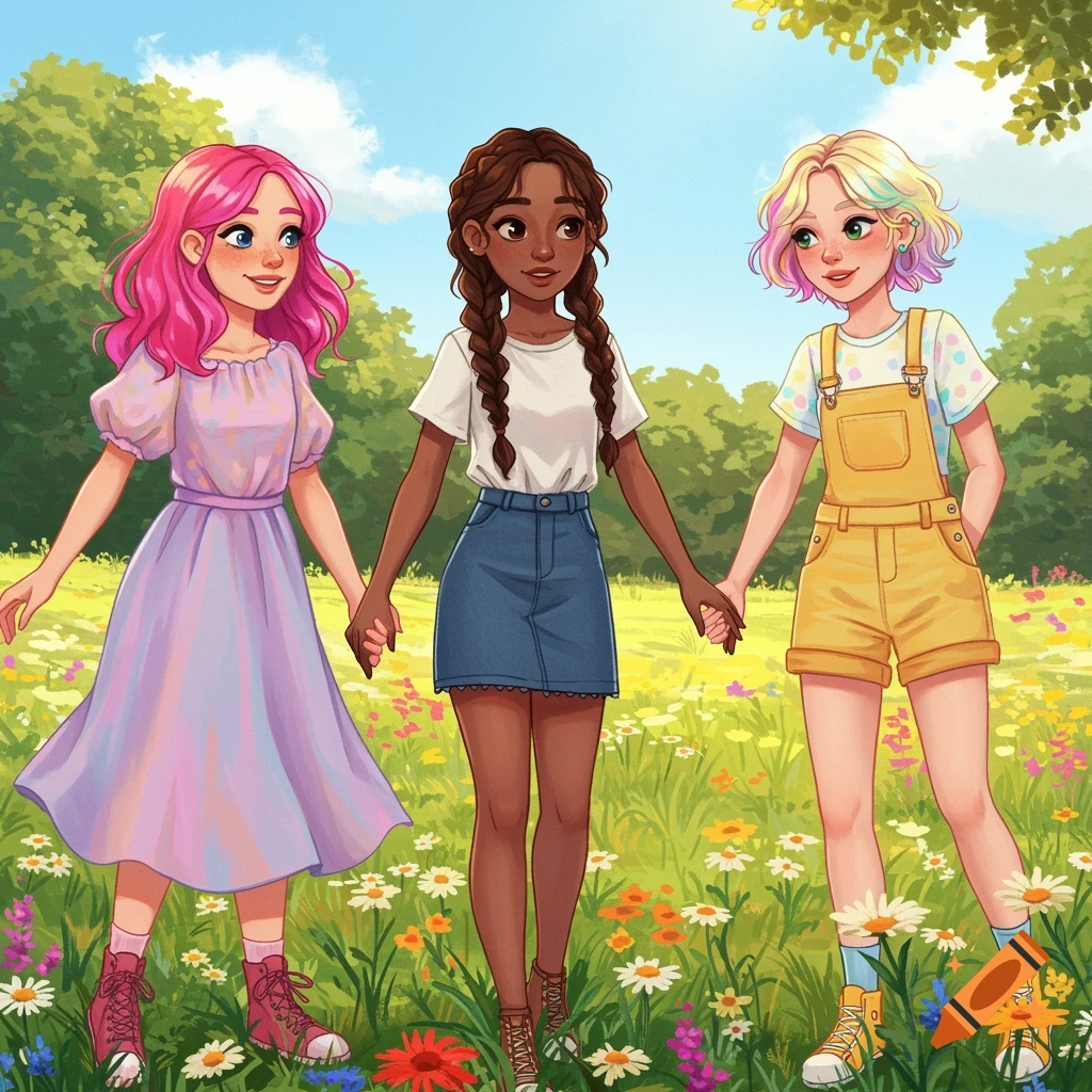 Colorful depiction of three girls holding hands in a sunny meadow filled with wildflowers.