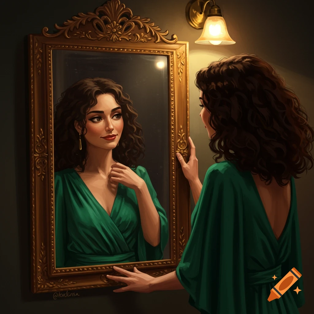 A woman in a green dress is looking in an ornate mirror.
