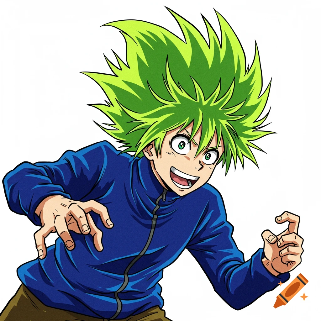Energetic anime character with bright green spiky hair in a blue jacket.