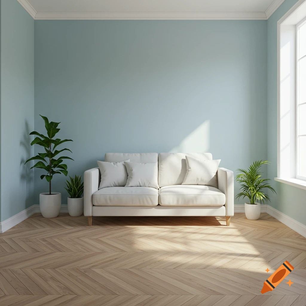 A modern living room with a white couch, plants, and sunlight streaming through a window.