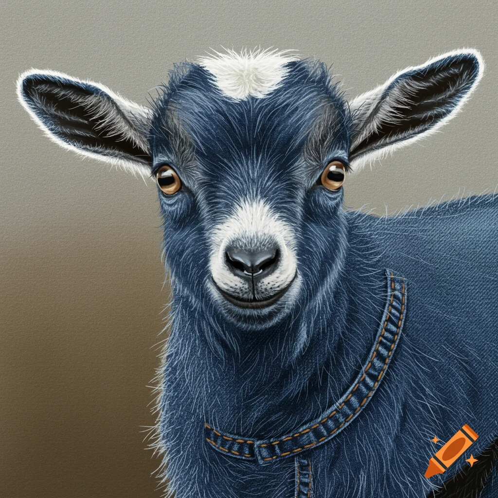 Close-up of an adorable baby goat made of blue denim fabric.