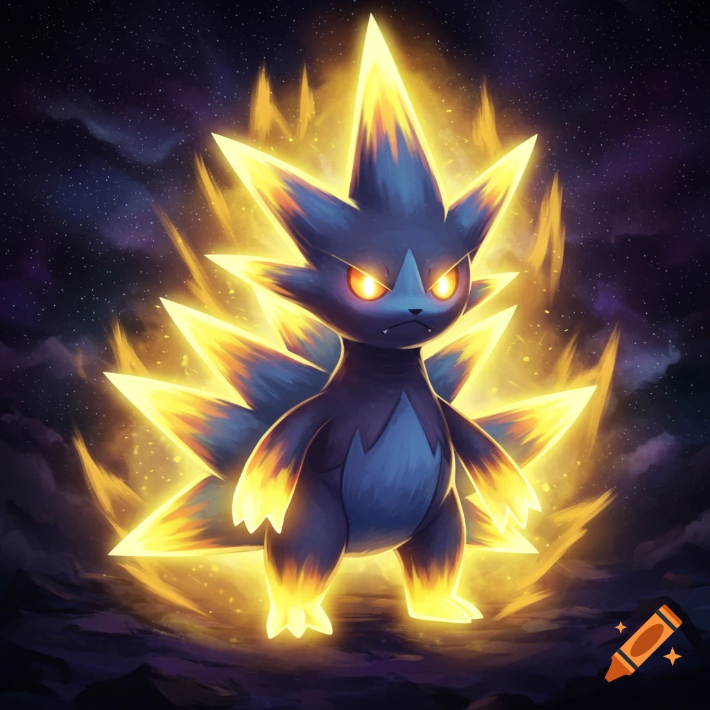 A dark blue creature with glowing yellow spikes against a starry sky.