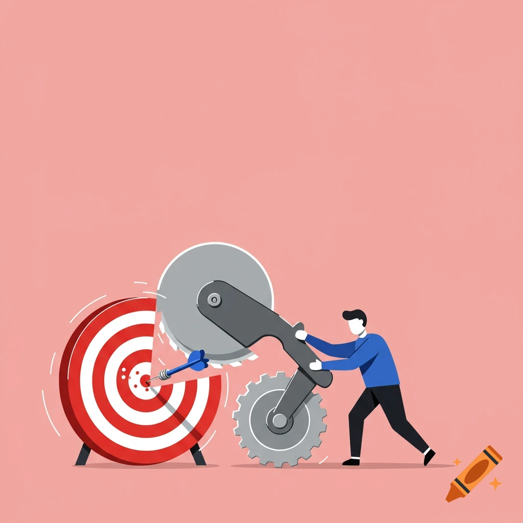 Stylized illustration of a person cutting a dartboard target with a large gear tool. A dart is in the bullseye.