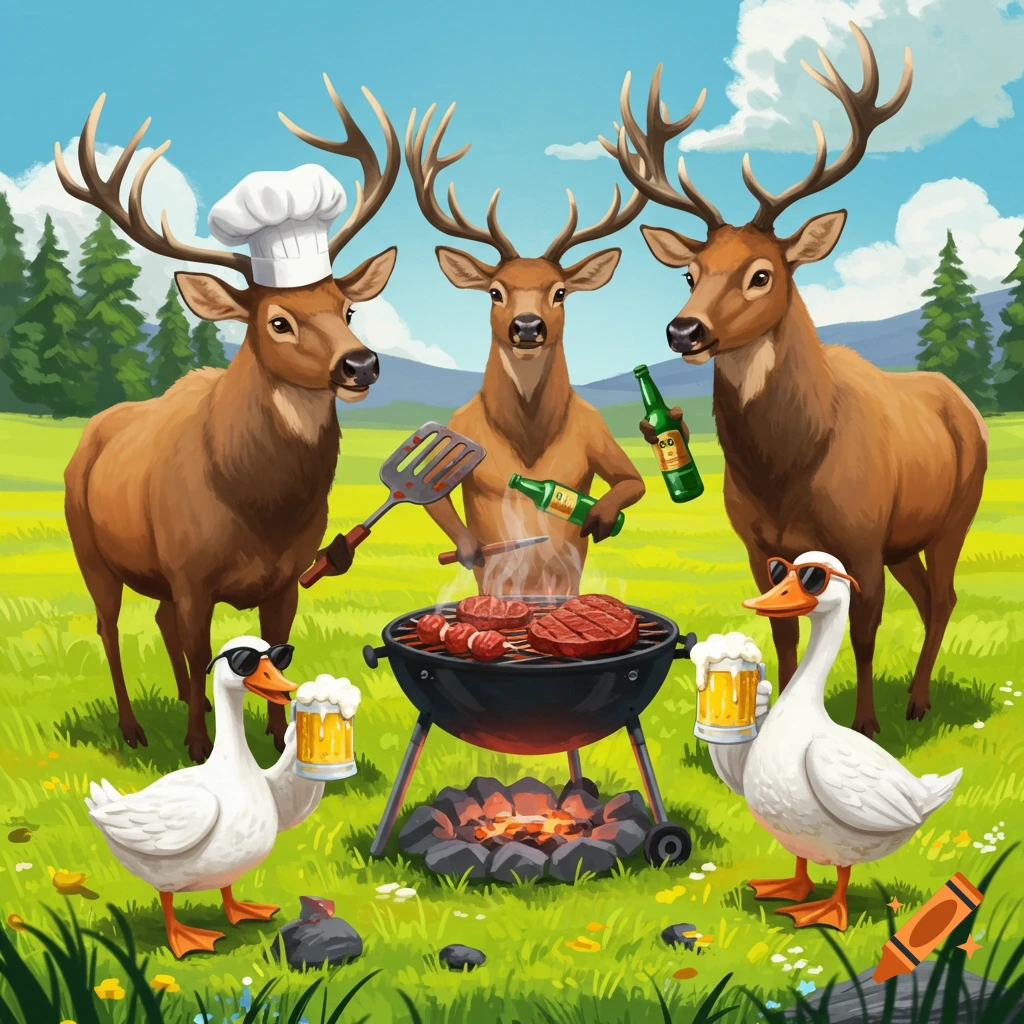 Anthropomorphic deer and geese having a barbecue, holding beer.