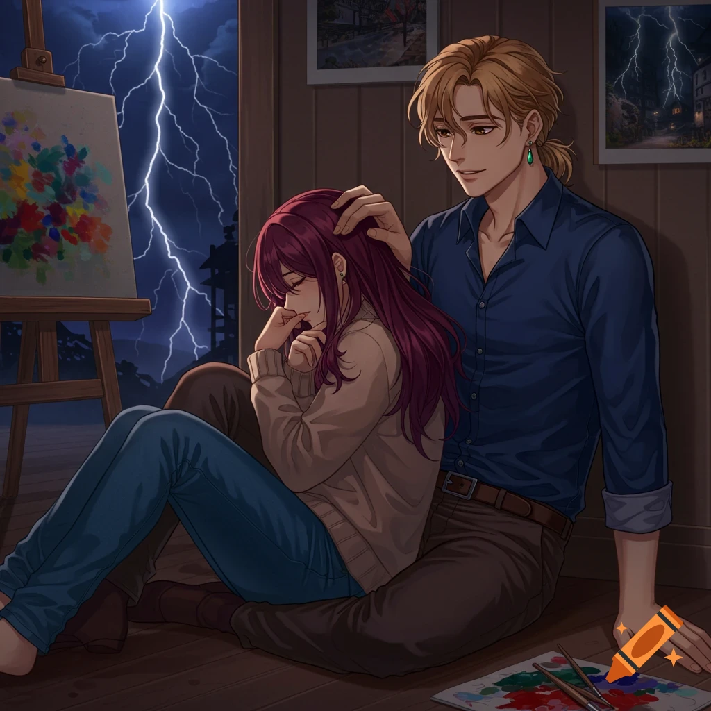 Anime couple sits on floor in art studio during a thunderstorm, man comforts woman.