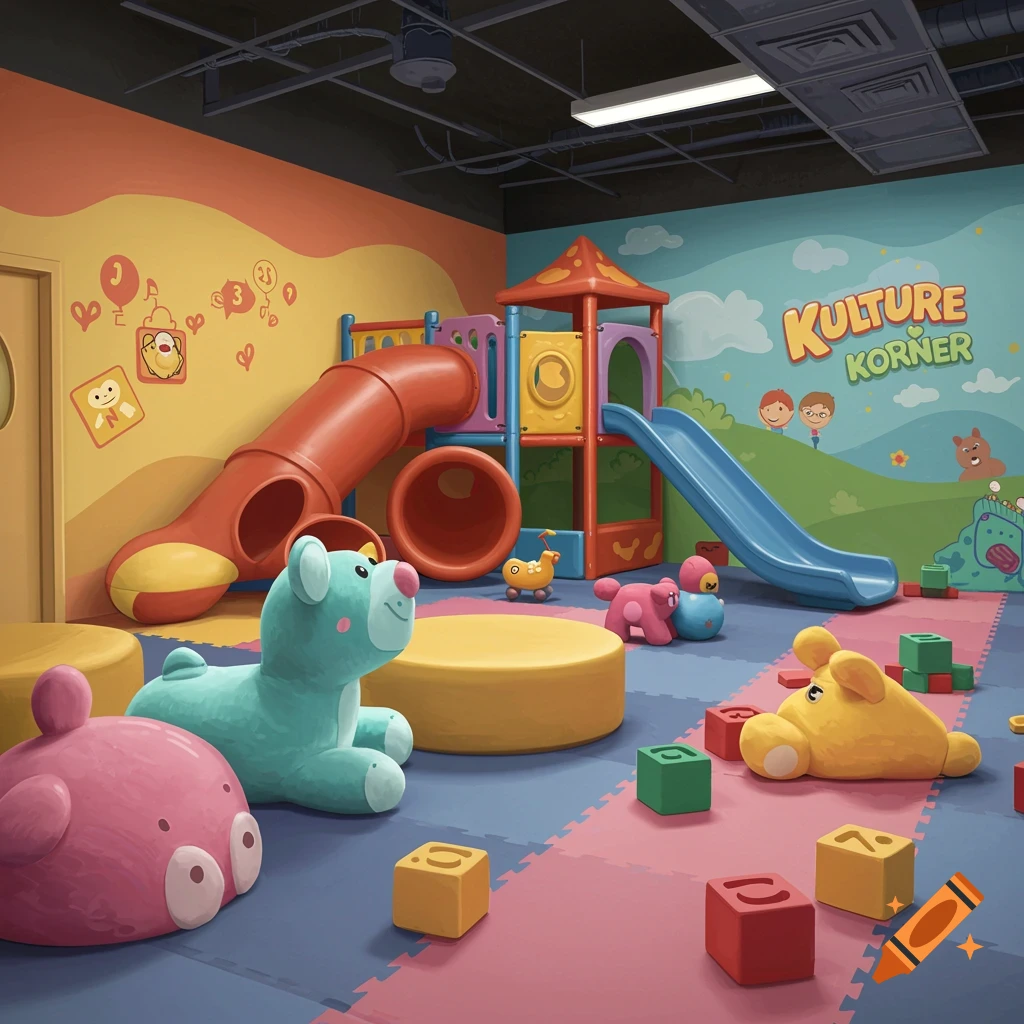 Colorful children's play area with play structure, slides, soft toys, blocks, and a mural with text.