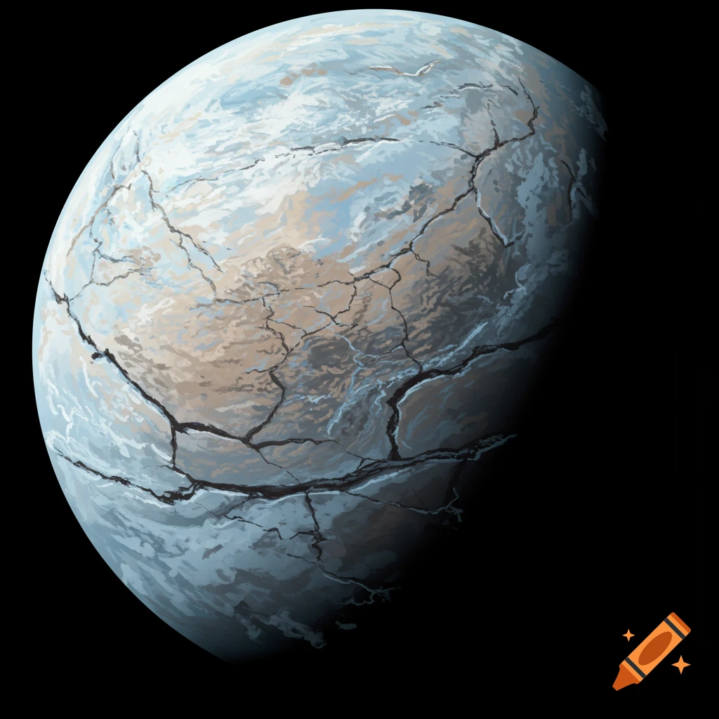 A planet with a cracked icy surface against a black background.