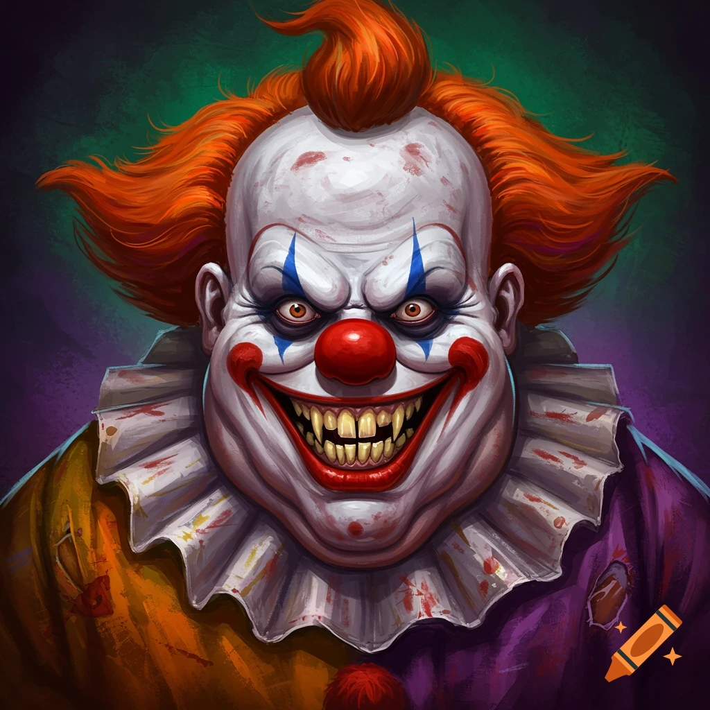 A terrifying clown with sharp teeth and orange hair