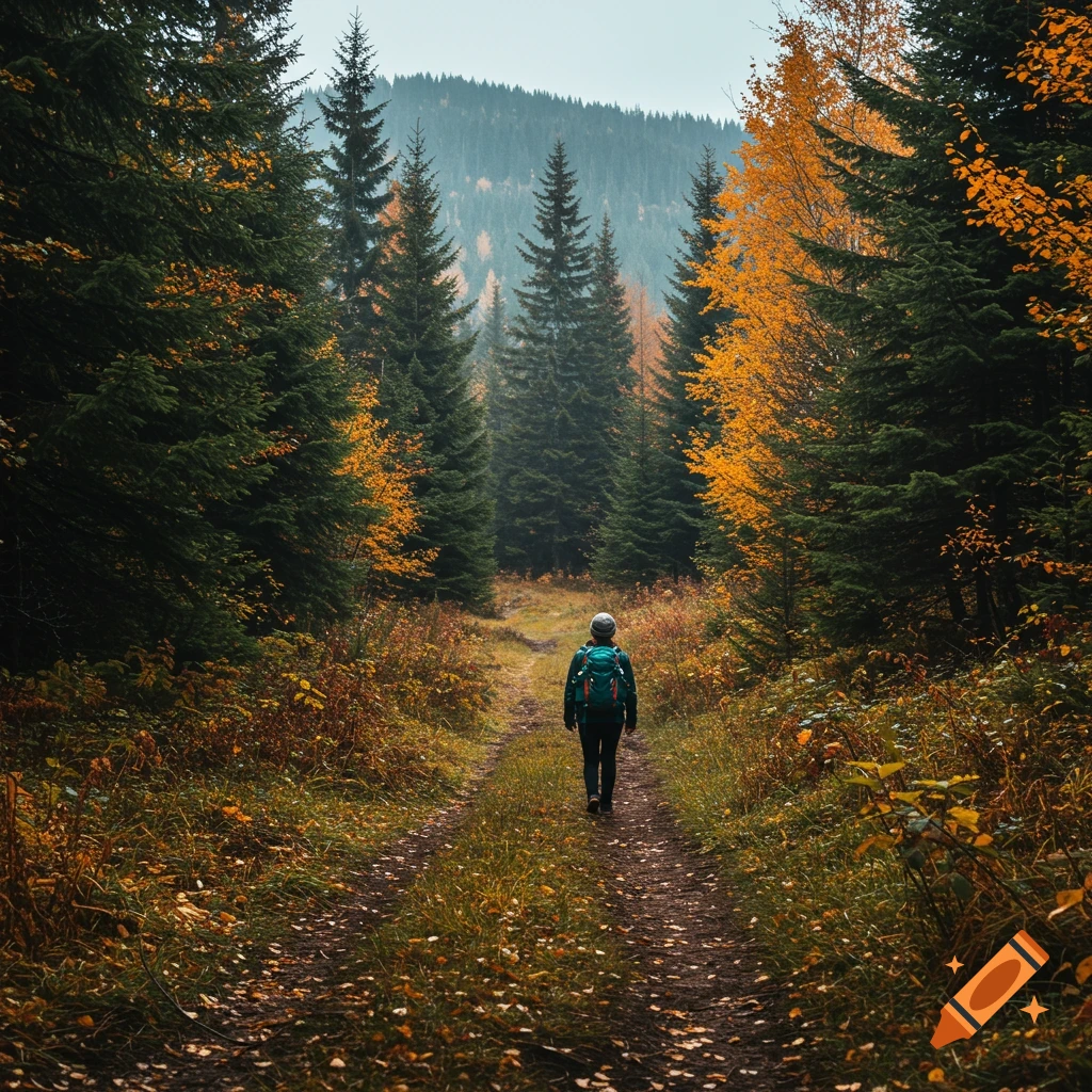 Person hiking on a dirt path through an autumn forest.
