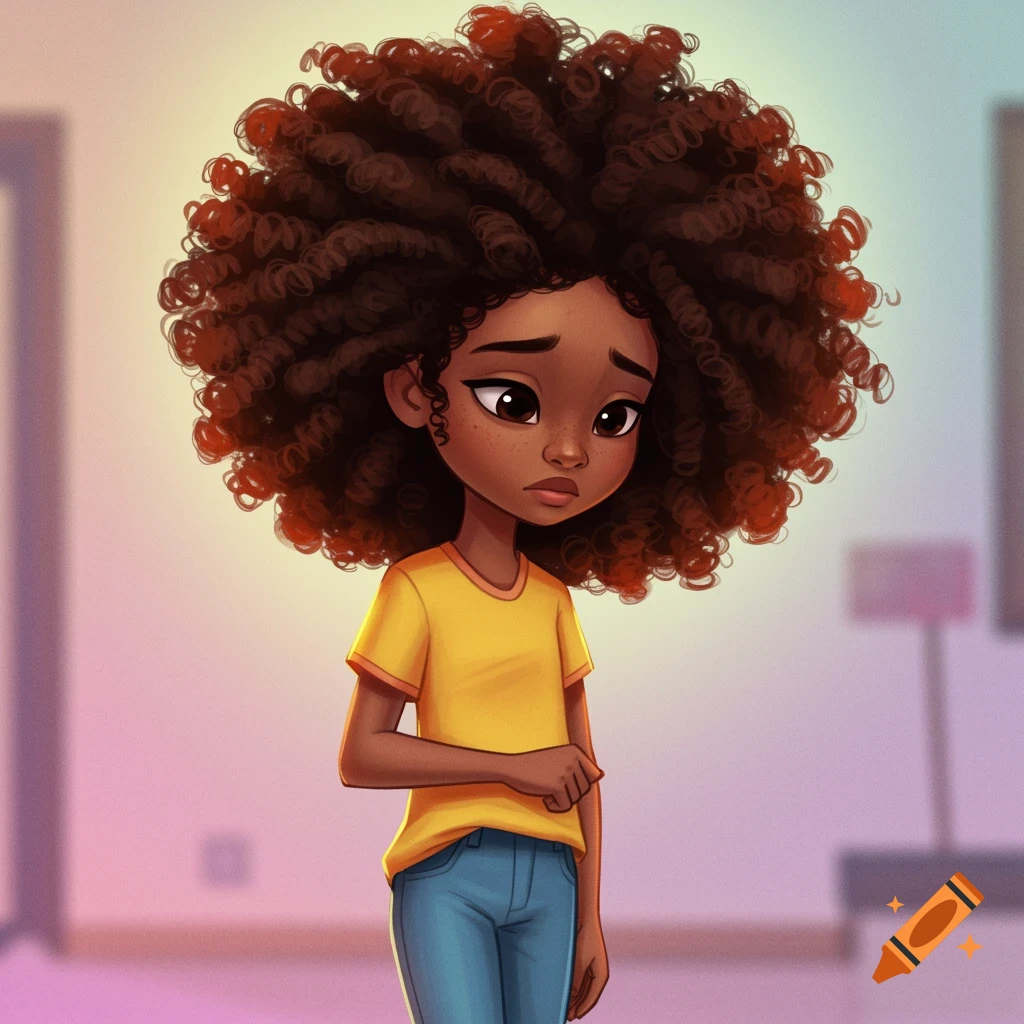 A sad young Black girl with big curly hair.