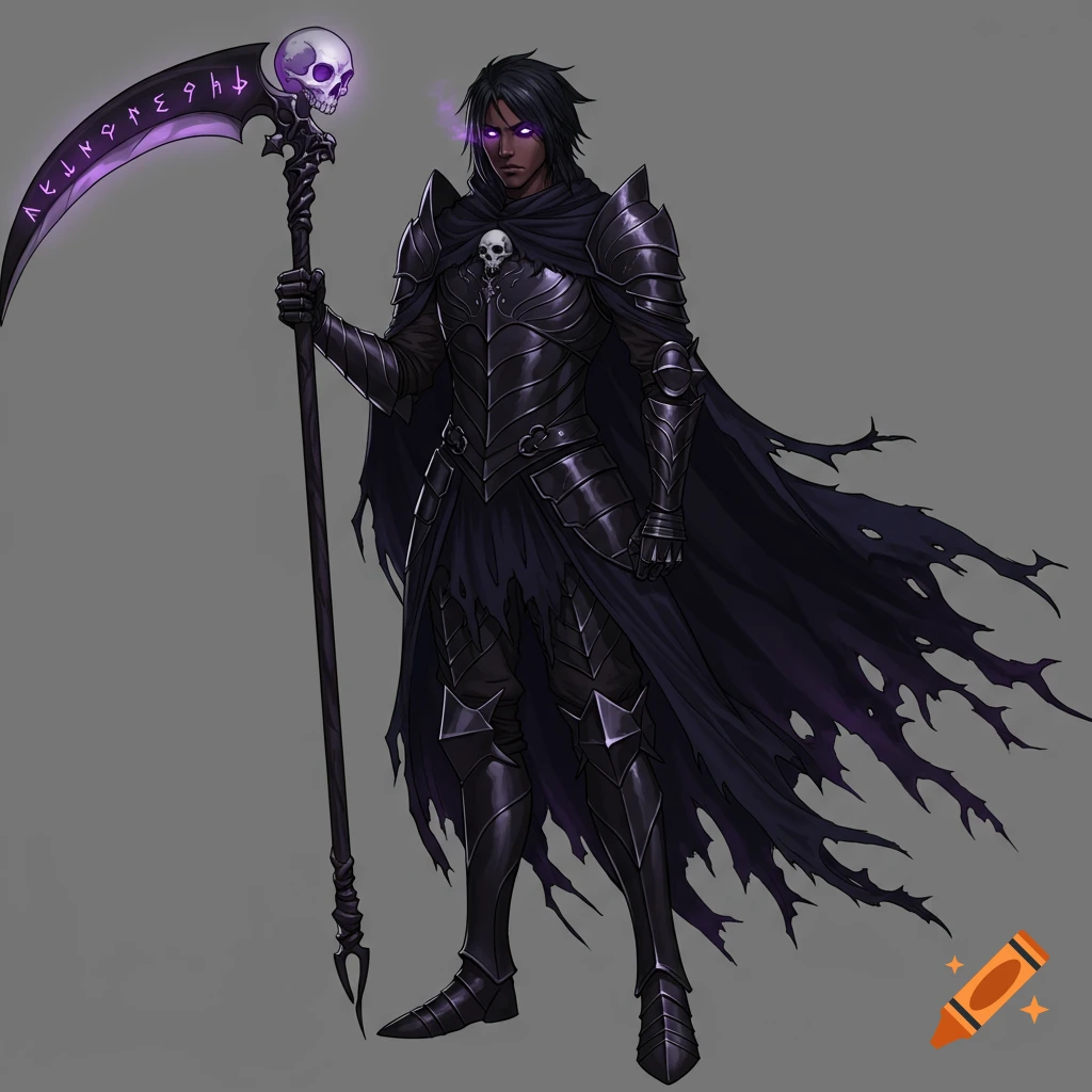Anime fantasy character in black armor holding a scythe with glowing runes.