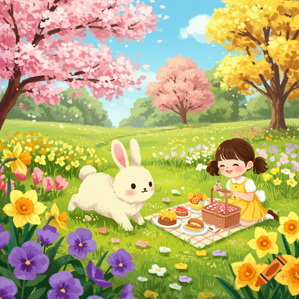 Cute illustration of a girl and bunny having a picnic in a spring field with flowers and cherry blossoms.
