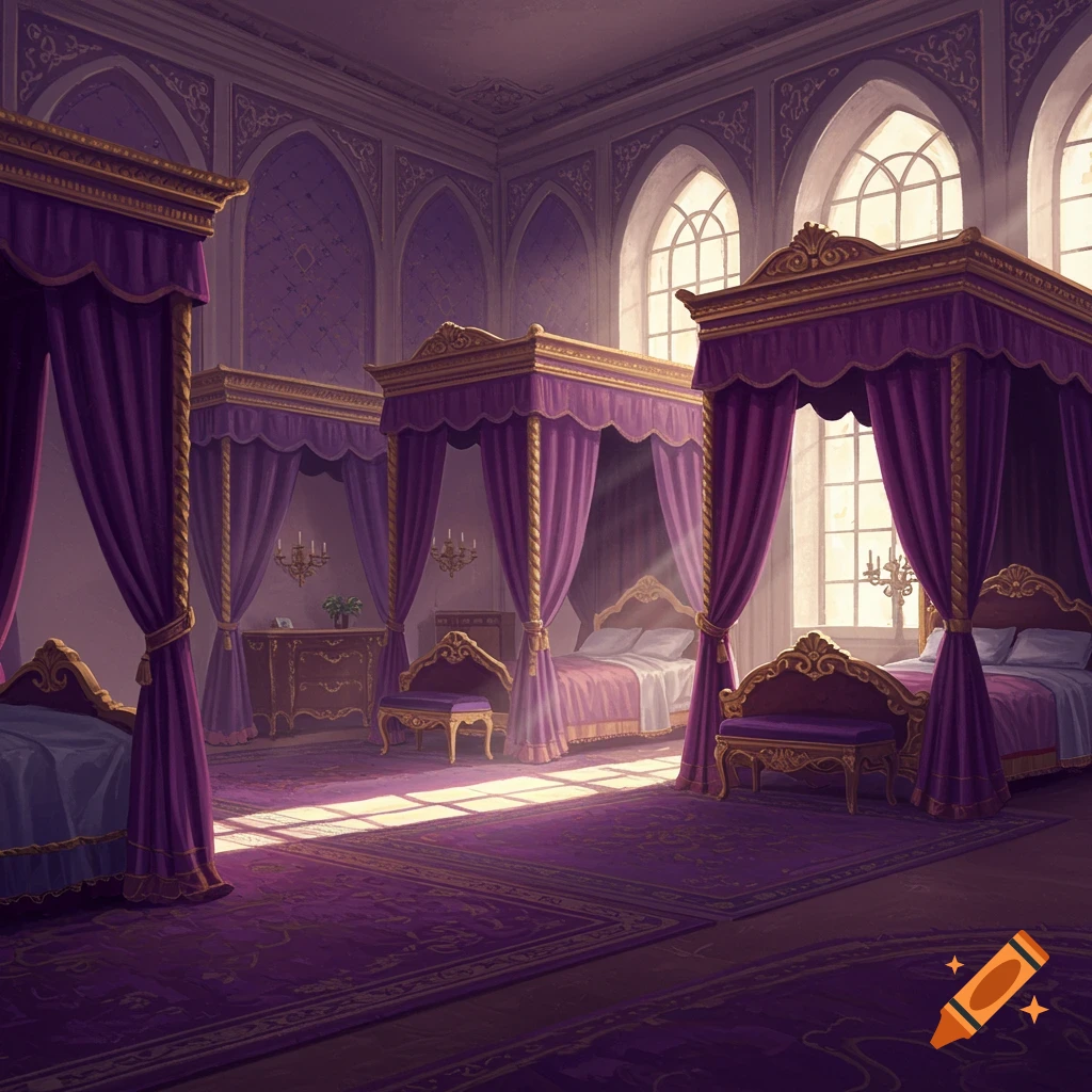 A regal purple bedroom in a castle with four-poster beds, lit by sunlight.