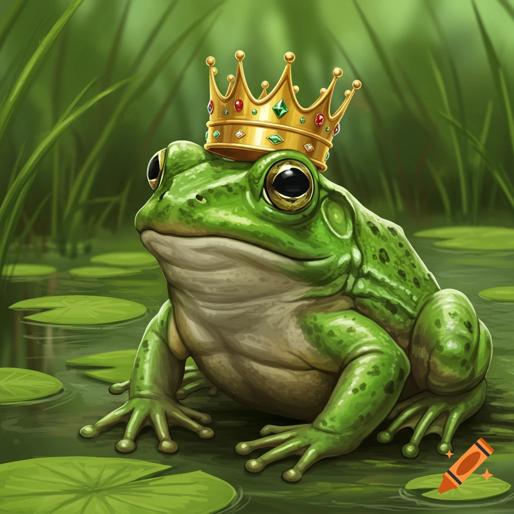A green frog sits on a lily pad in a pond, wearing a golden crown.