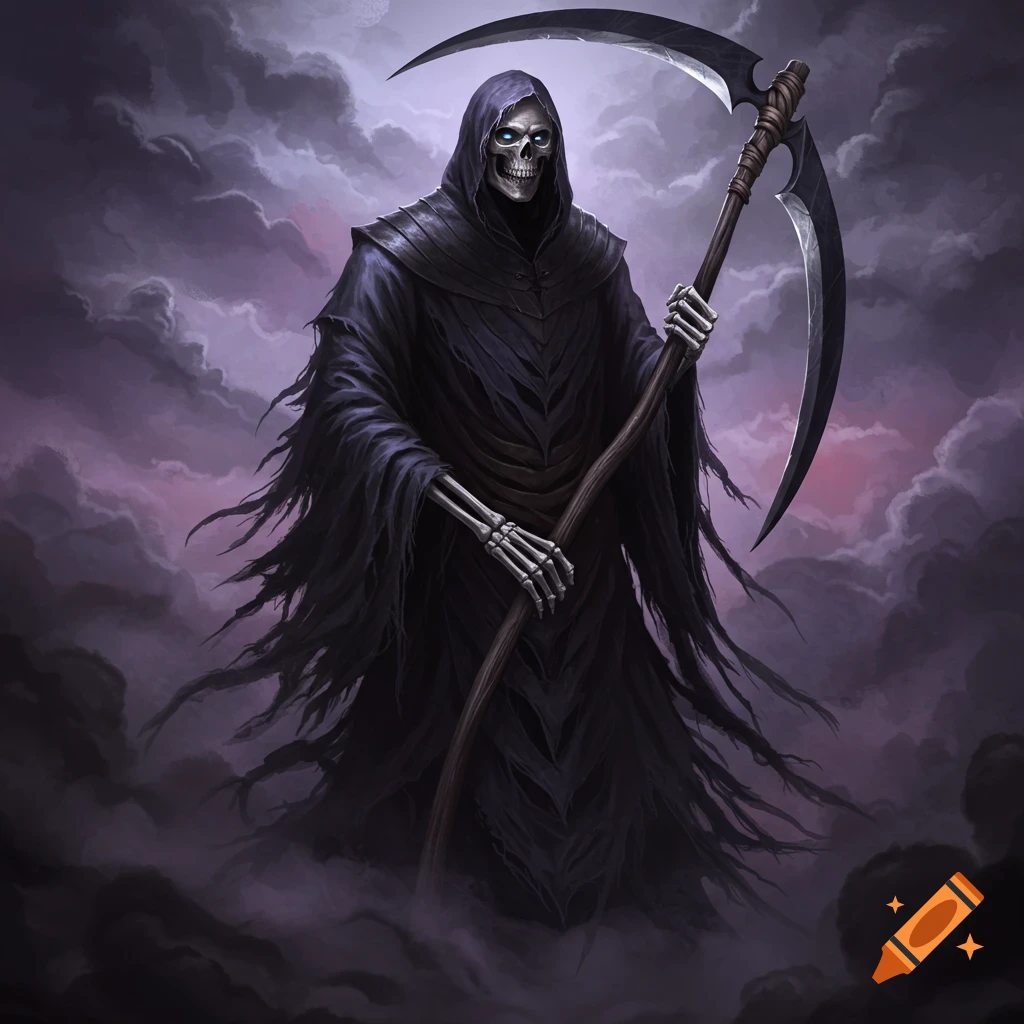 The Grim Reaper with a scythe standing in dark clouds