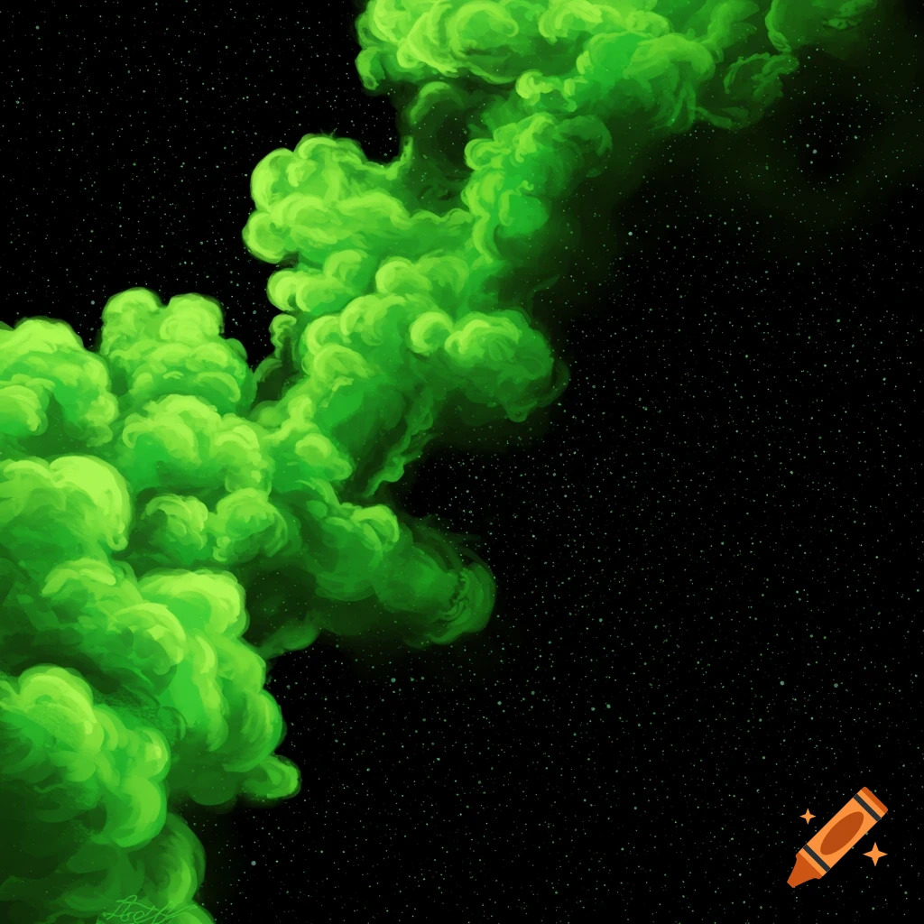 Green smoke drifts against a starry black background.