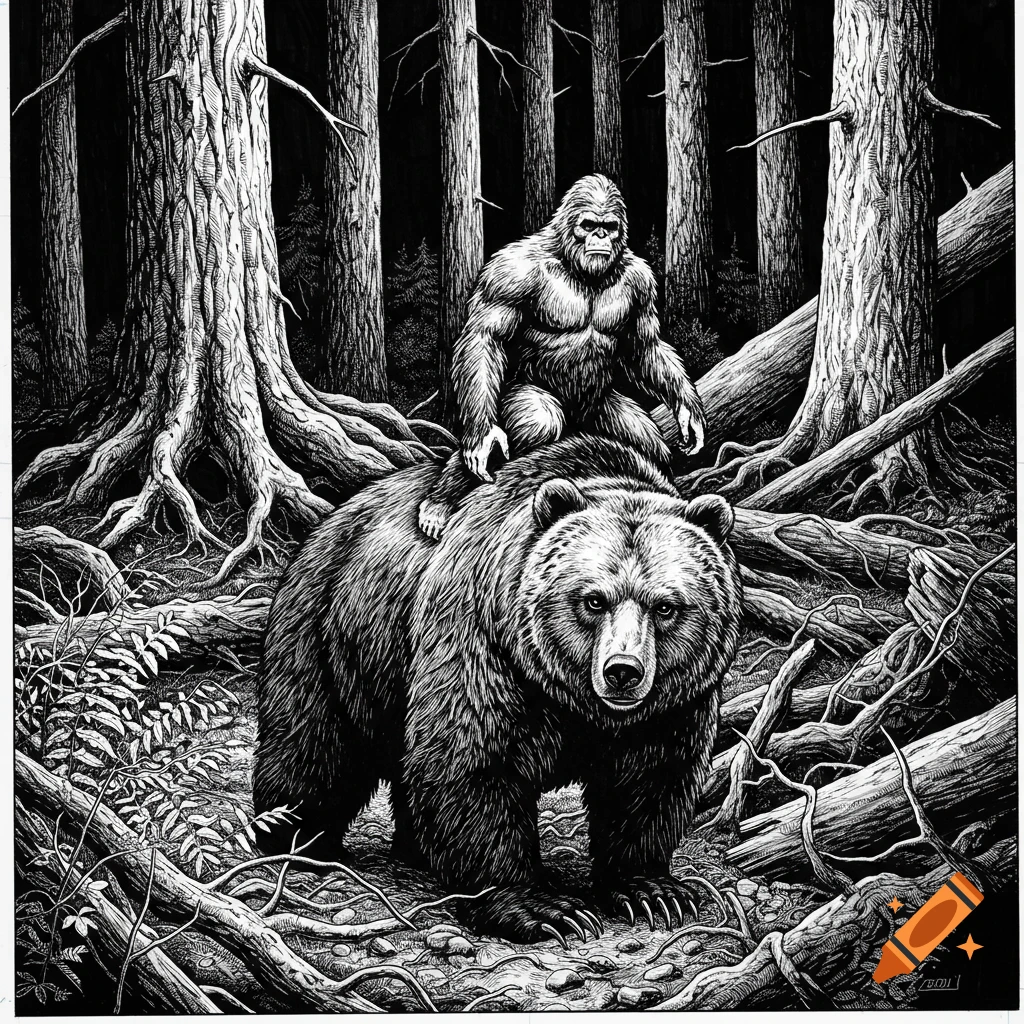 Black and white pen drawing of a Sasquatch riding a grizzly bear in a dark forest.