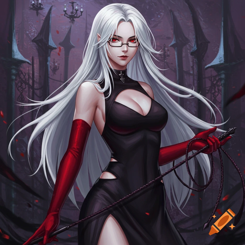 Fantasy woman with long white hair, red eyes, glasses, black dress, red gloves, and whip in a dark gothic setting. Digital art.