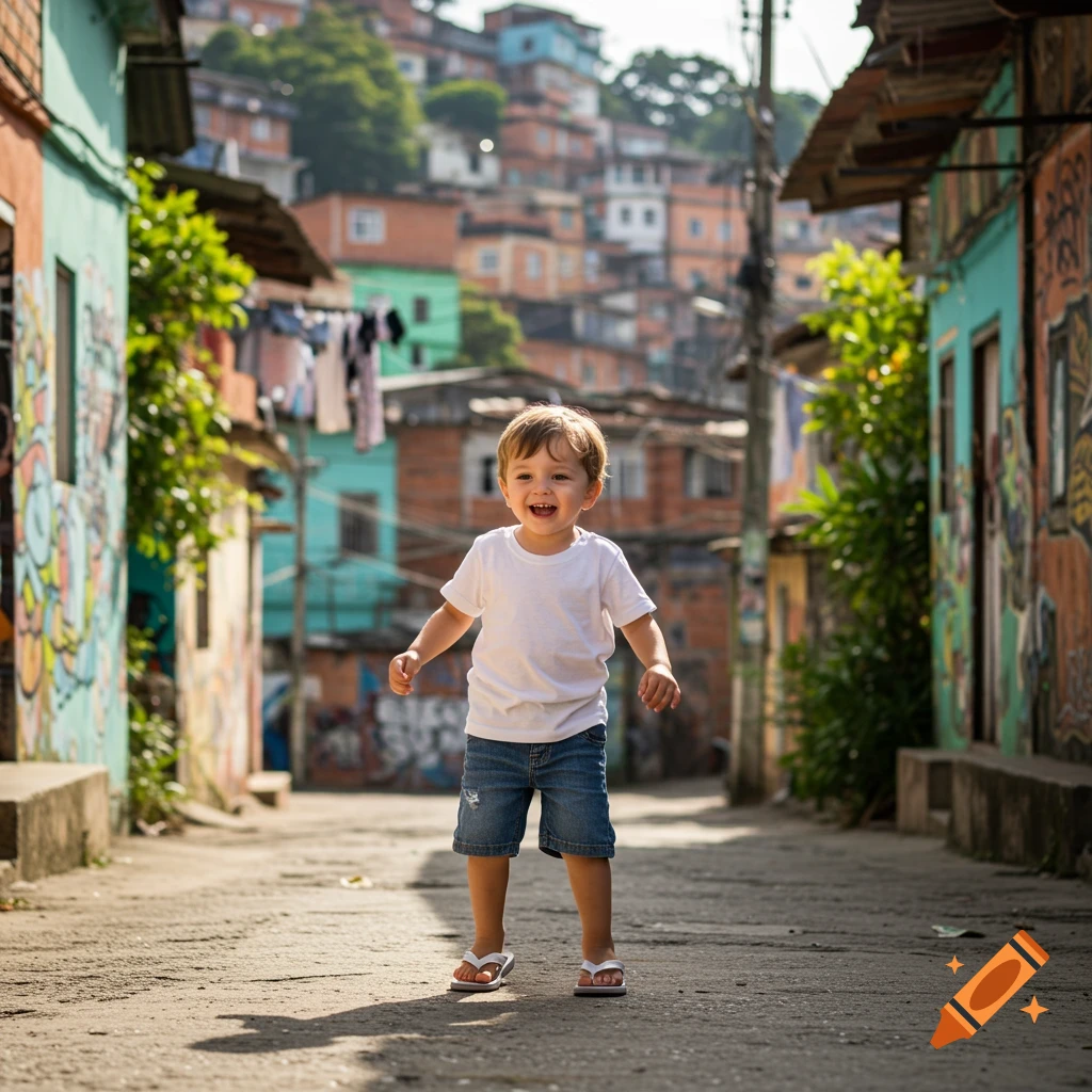 A smiling little boy in a white t-shirt and jean shorts stands in a colorful street in a favela.