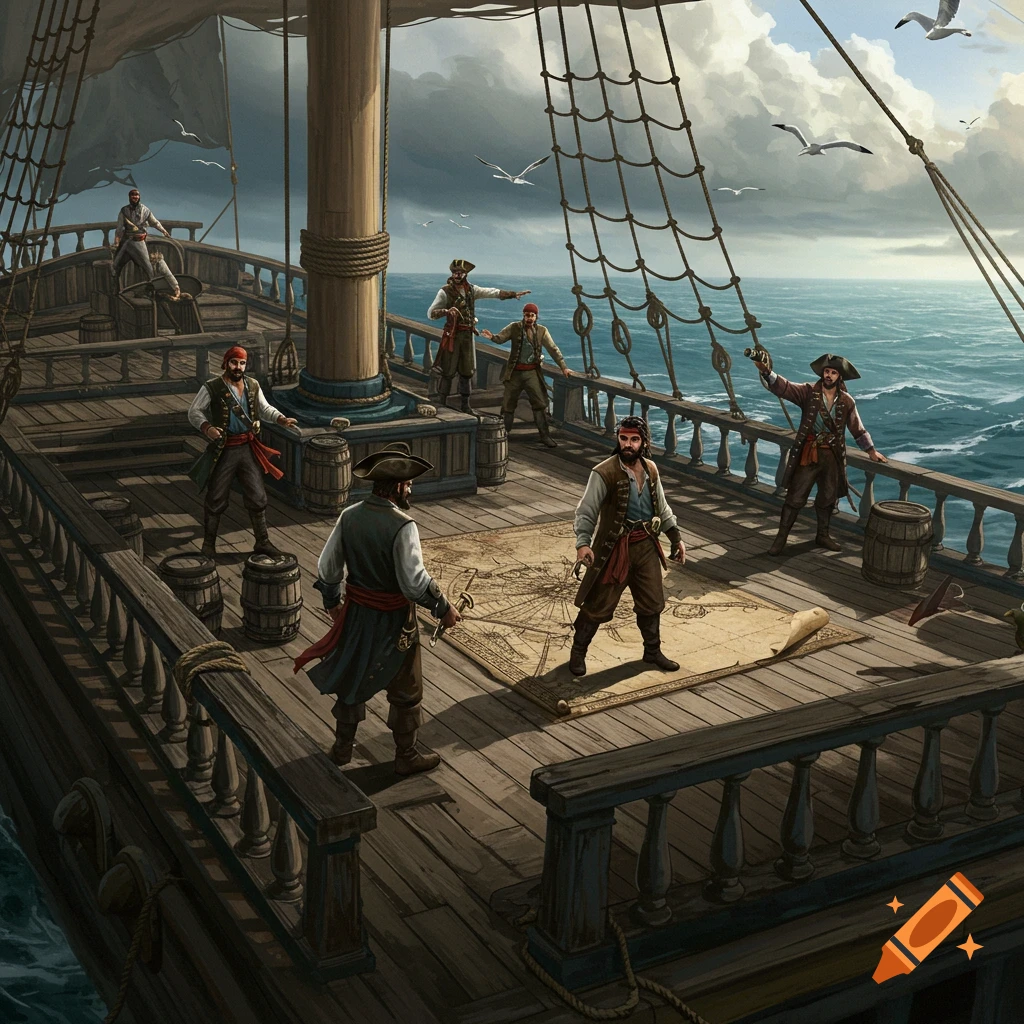 Pirates on a ship deck gathered around a map.