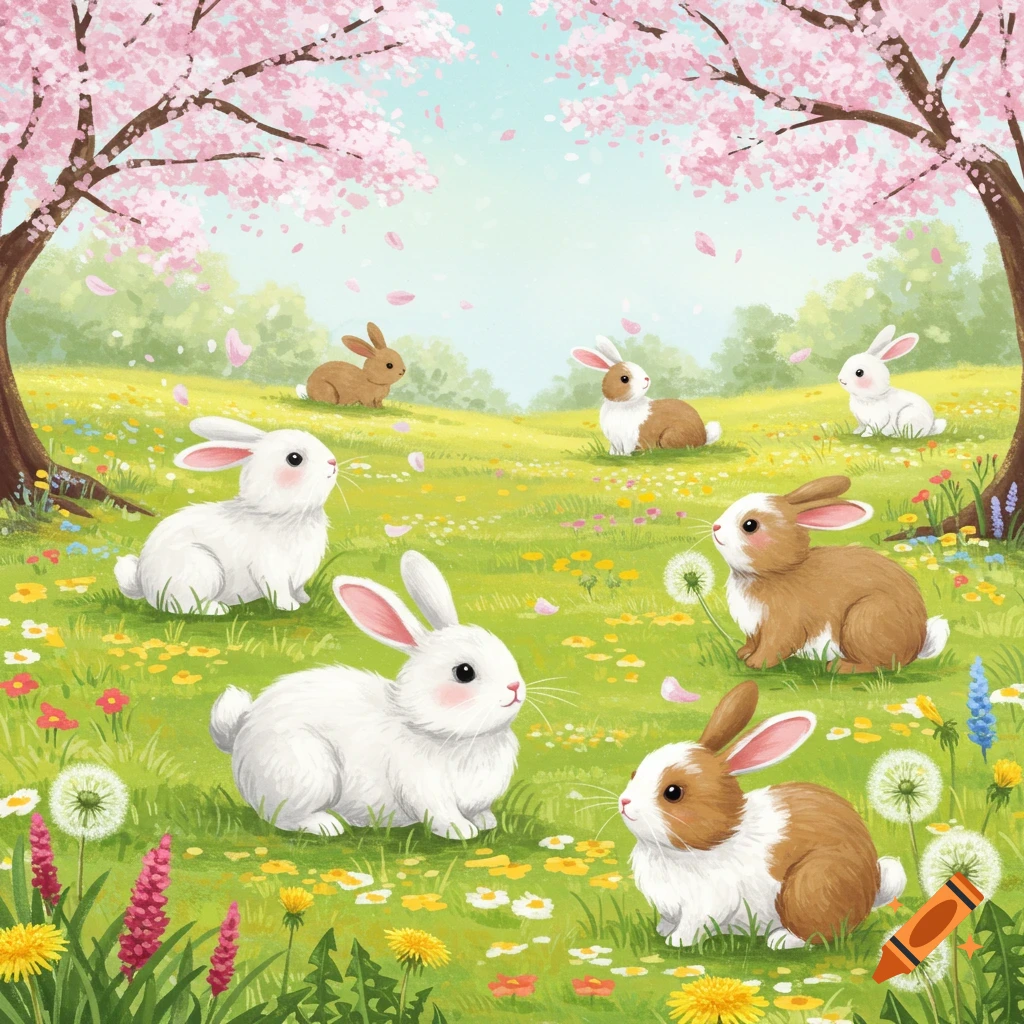 Cute bunnies in a spring field with flowers and pink cherry blossom trees.