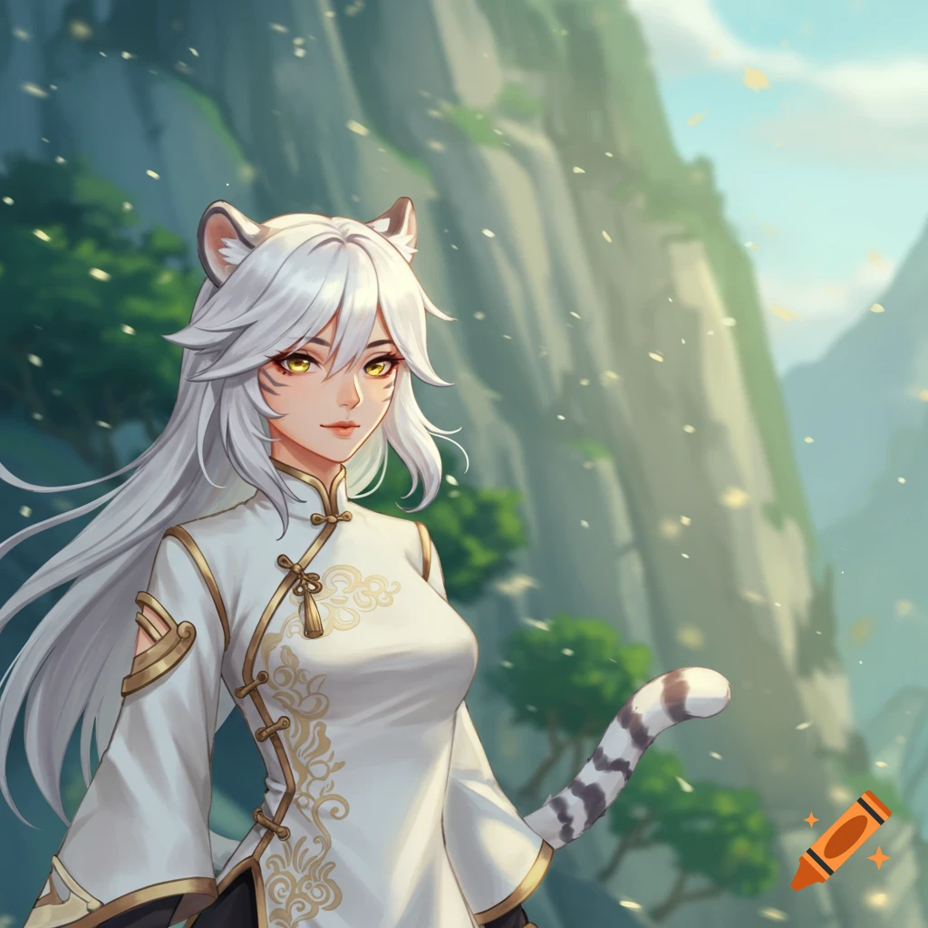 Anime illustration of a white tiger girl in a white and gold dress standing in a mountain landscape.