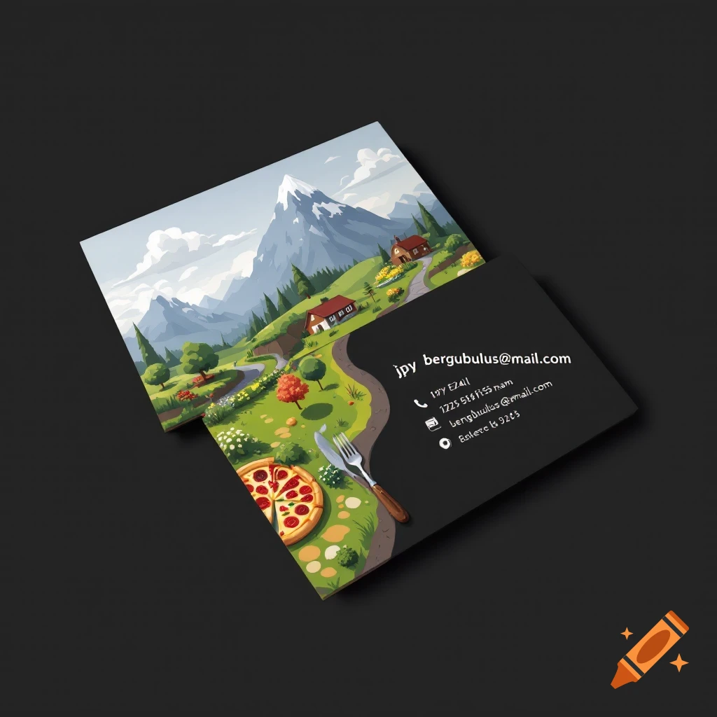 Business card with landscape, pizza, and contact info, digital illustration style