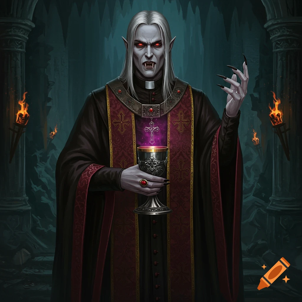 A vampire priest holding a chalice in a dark cave.