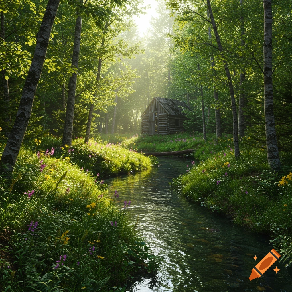 A stream flows through a sunlit forest towards a rustic wooden cabin in the distance.