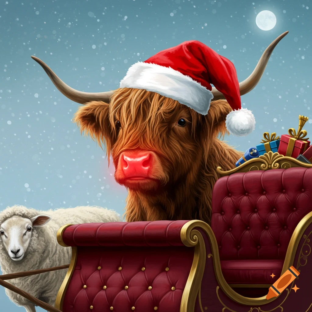 A highland cow with a red nose and Santa hat in a sleigh with a sheep, falling snow, and the moon.