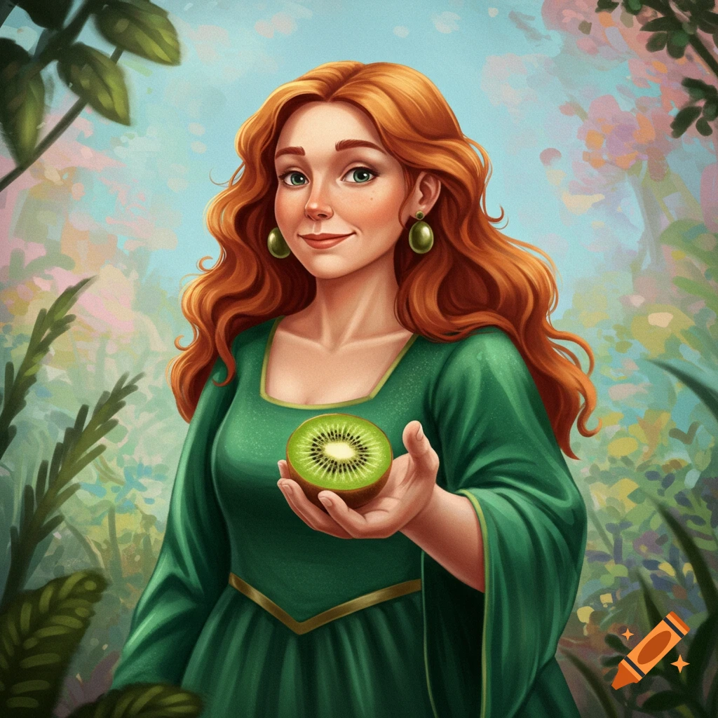 A woman with red hair holding a kiwi in a garden